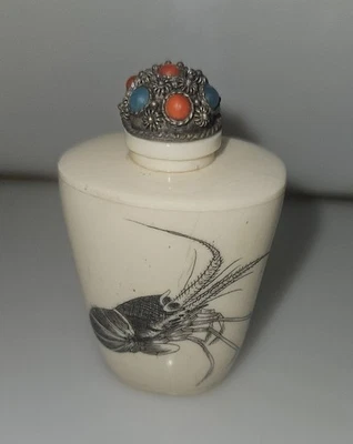 Antique Chinese Bone Snuff Bottle Crayfish Tobaccania Smoking Collectible 2.5" - Image 1 of 4