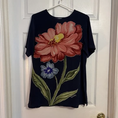 Blusa Top Vintage Diane Von Furstenberg Azul Marino Acuarela Seda Flor, Talla Pequeña Foto 1 de 4
