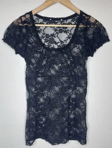 VINTAGE Y2K Black Lace Short Sleeve Top Goth Fairy Coquette Witchy Whimsigoth S - Picture 1 of 4