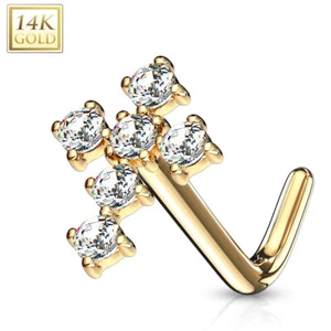 14K Solid Gold Jeweled Cross L Bend Shape Nose Rings Studs Body Piercing Jewelry - Picture 1 of 6