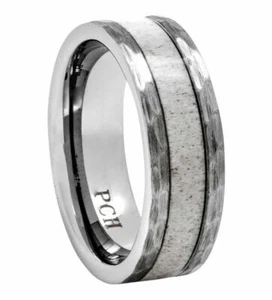 Herren Wolfram Ring, Geweih Inlay, gehämmerte Oberfläche, 8 mm Comfort Fit Ehering - Bild 1 von 4