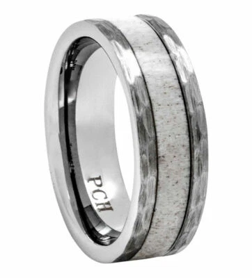 Men's Tungsten Ring, Antler Inlay, Hammered Finish, 8mm Comfort Fit Wedding Band - Image 1 of 4