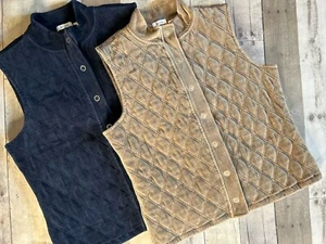 Liz & Co. Womens Blue Beige Diamond Quilted Full Snap Semi-Insulated Velour Vest - Picture 1 of 6