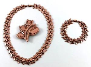 Matisse "Renoir" Copper Laurel Leaf Link Necklace and Bracelet & 3 Tulip Pin - Picture 1 of 7