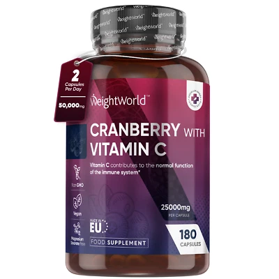 WEIGHTWORLD Cranberry with Vitamin C - 180Capsules - 50,000mg - Immune support & bone health