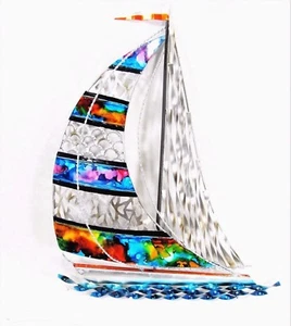 Sailboat Hand Sculpted & Painted Metal Beach Tropical & Nautical Wall Decor - Picture 1 of 2