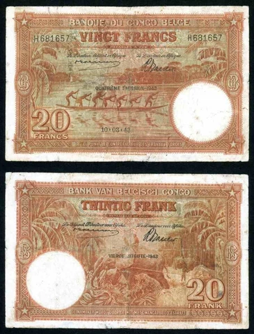 1943 Bank of Belgian Congo Twenty Francs Banknote Pick Number 15C VG++ Cover