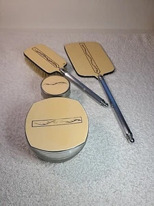 1930s 4 PC BAKELITE CELLULOID VANITY SET PEACH COLOR SILVER COLOR HANDLES - Picture 1 of 14