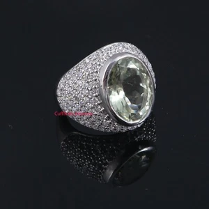 Natural Green Amethyst & CZ Gemstones with 925 Sterling Silver Ring For Men #5 - Picture 1 of 4
