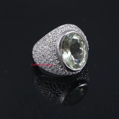 Natural  Green Amethyst  & CZ Gemstones with 925 Sterling Silver Ring For Men #5 — 第 1/4 张图片