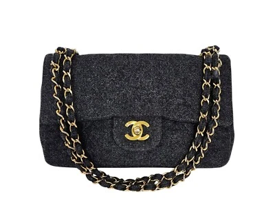 CHANEL Vintage Classic Gray Wool Double Flap 24k GP Gold Chain Link Shoulder Bag - Image 1 of 4