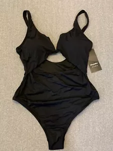 Meyeeka Monokini Cut Out Swimsuit Womens size Large Black V Front High Cut - Picture 1 of 14