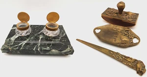 ANTICO SET SCRIVANIA ART NOUVEAU H BOYER 4 PEZZI, CALAMAIO con VETRO BACCARAT c1910 g - Foto 1 di 13