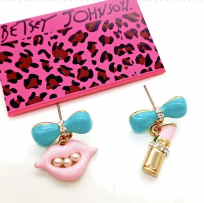 Betsey Johnson Crystal Blue Bow Pearl Smile Gold Dangle Earrings Free Gift Bag - Image 1 of 4