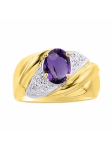RYLOS Ring: Gemstone & Diamonds, Classic Design, Gold Plated Silver, Sizes 5-10 - Picture 1 of 27