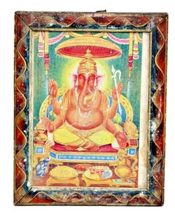 Impresión litográfica vintage de Lord Ganesha con elegante marco de madera pintado coleccionable - Imagen 1 de 18