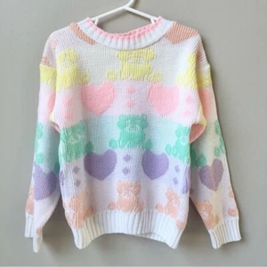 Vintage Fairy Kei Sweater Girls Size 5-6 Kawaii Pastel Cats Hearts Pink Purple - Picture 1 of 12
