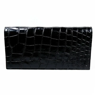 New Real Black Croc Leather Belly Skin Unisex Long Bi-fold Clutch Wallet Purse. - Image 1 of 4