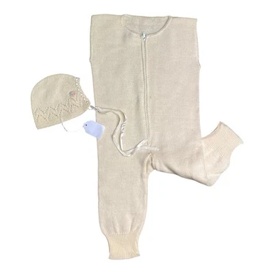 Set tuta e cappello maglia bambino vintage panna fatto a mano maglione set da 3 a 6 mesi - Immagine 1 di 4
