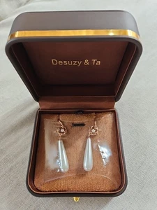 14K GOLD GENUINE SWING MOISSANITE DIAMOND PEARL DANGLE EARRINGS 2IN Desuzy & Ta - Picture 1 of 10