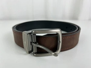 Fossil Belt Men Size 38 Reversible Brown Black Leather Silver Buckle Distressed - Picture 1 of 3