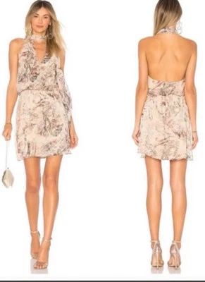 Haute Hippie Silk Sheer 'Ginny' Mini Dress Size 10 Rose Beige Floral Halter EUC - Image 1 of 4