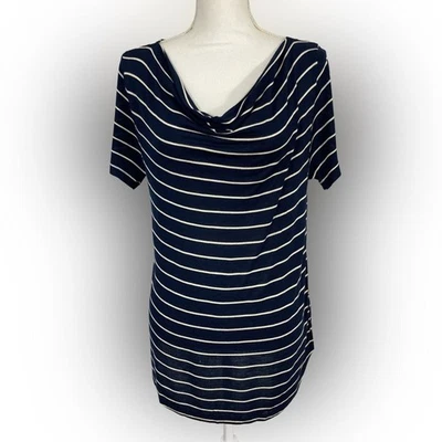 Camisa elástica informal de manga corta Joe Fresh con cuello capucha para mujer L azul a rayas Foto 1 de 4