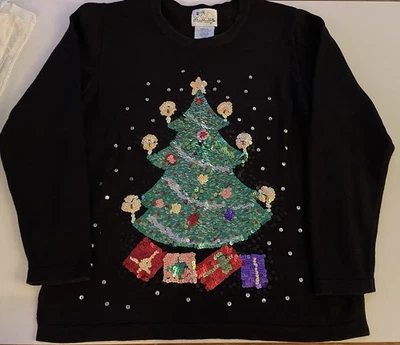 Vintage Quacker Factory Christmas Tree Sweater Black Womans Beaded Size Medium - Image 1 of 4