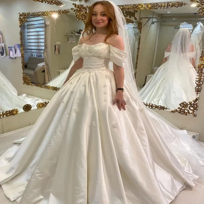 Gorgeous Satin Ball Gown Wedding Dresses Elegant Off Shoulders 3D Florals - Image 1 of 4