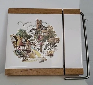 Vintage English VillageTile Cheese Board w/Wire Cutter 8"x 7.5" Made in England - Picture 1 of 6