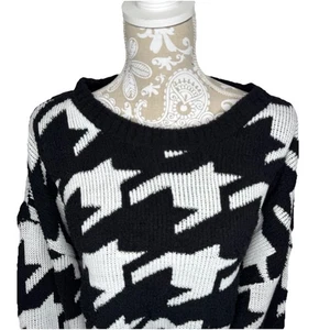 Bobeau Black White Houndstooth Large Check Fluffy Long Sleeve Sweater Women Edge - Picture 1 of 11