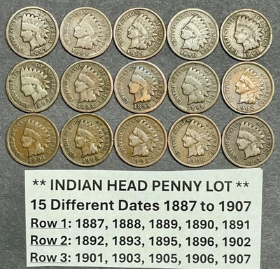 STARTER Indian Head Penny Pennies Set of 15 DIFFERENT DATES from  1887 to 1907 - Image 1 of 4