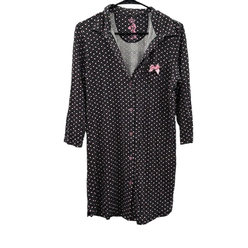 Betsey Johnson Black & Pink Heart Print 3/4 Sleeve Button Down Sleep Dress Sz M - Image 1 of 4