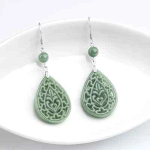 925 Grade Jade Sterling Silver Natural A Jadeite Hollow Carved Dangle Earrings - Picture 1 of 6