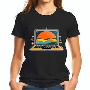 Stylish Black Cotton Short Sleeve T-Shirt with Retro Laptop and SunsetAll cotton - Picture 1 of 4