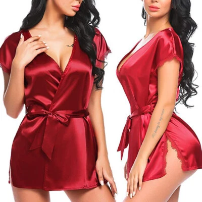 Mujeres Sexy Kimono Bata de Baño Satén Sedoso Encaje Lencería Prendas para dormir Vestido Camisón Foto 1 de 4