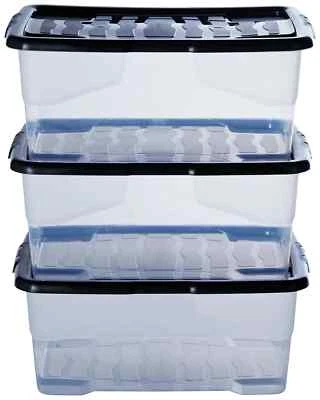 3 x 42L-Curve Storage Boxes Clear Plastic With Lid Home Organizer Container - Image 1 of 4