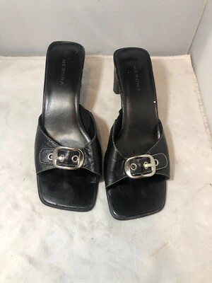 Merona Womens Black Open  Leather Casual Block Heel Buckle Sandals Size 9 - Image 1 of 4