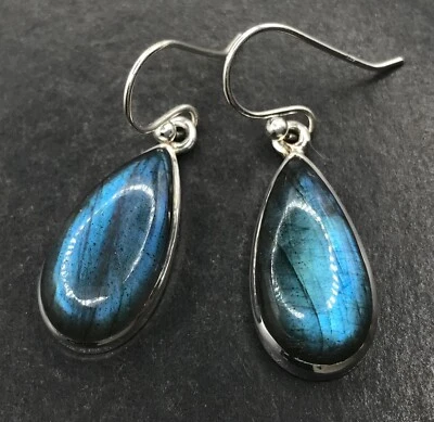 Labradorite drop earrings Solid Sterling Silver pear 19 x 9mm. Box. Stunning! Foto 1 de 4