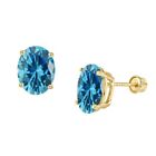 14K Solid Yellow Gold Light Weight Gold Screw Backing Blue Topaz Oval Shape
