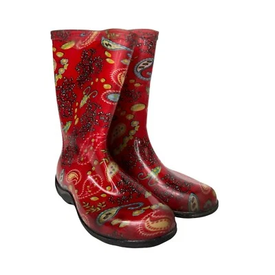 Sloggers Red Paisley Pull On Waterproof Non Slip USA Made Rain & Garden Boots 7 - Imagem 1 de 4