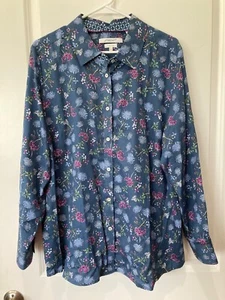 Foxcroft Damen 18W Button Front Shirt Blau Weiß Print Langarm Faltenfrei - Bild 1 von 7