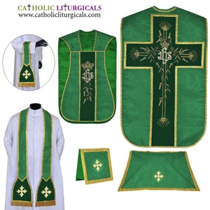 GREEN Roman Chasuble Fiddleback Set Vestment Fiddleback 5pcs mass set, Casulla - Bild 1 von 1