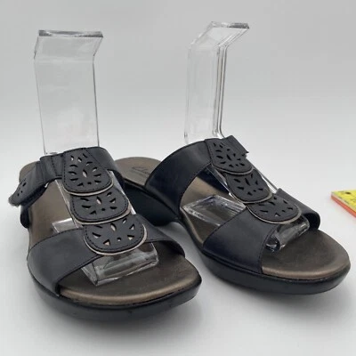 Clarks Womens Sz 8M Bendables Sandals Black Leather 2" Wedge Heel Adjustable - Image 1 of 4