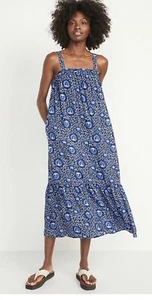 NWT Old Navy Maxi Dress Tie-Back Cut Out Swing Blue Tiered Pockets Sz XXL - Picture 1 of 6
