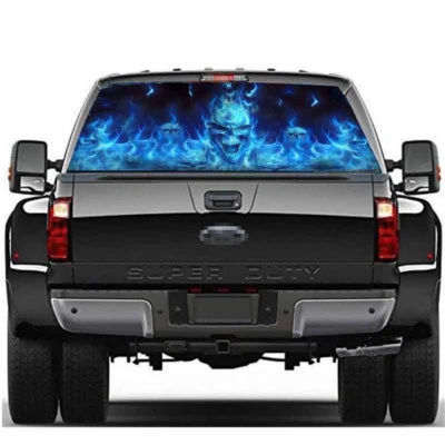 Blue Flaming Skull Rear Window Graphic Tint Decal Sticker Fit For Car Truck SUV - Image 1 of 4