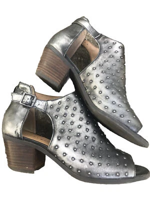 Lucky Brand Barimos Pewter Leather Open Toe Bootie Studs  SZ 8.5 Buckle @ Ankle - Image 1 of 2