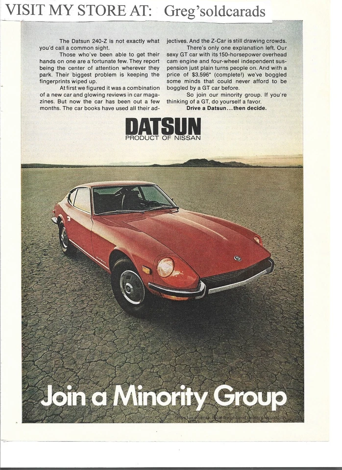 Anuncio impreso original 1971 Datsun 240-Z vintage: "Únete a un grupo minoritario". Foto 1 de 1