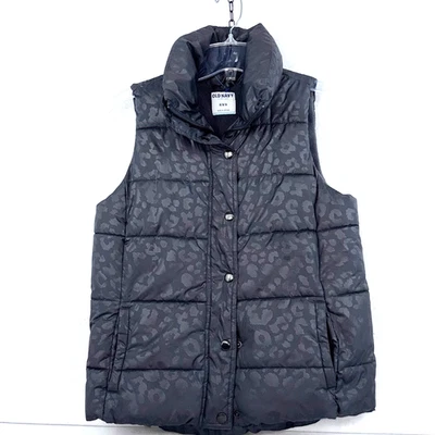 Old Navy 女式 Med 灰色豹纹按扣羊毛衬里 PUFFER VEST 二手状况完好 — 第 1/4 张图片