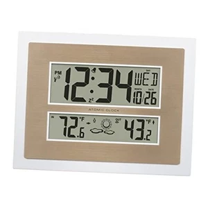 512-14937-INT Atomic Digital Wall Clock with Temperature & White/Champagne - Picture 1 of 8